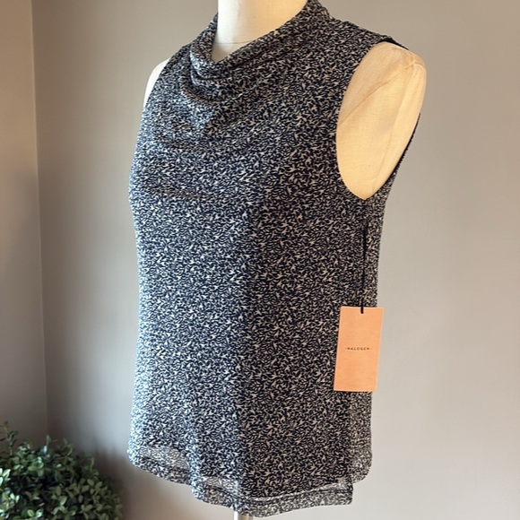 Halogen Women's Sleeveless Top / shell cowl neck mesh overlay stretchy navy wht - Picture 2 of 11